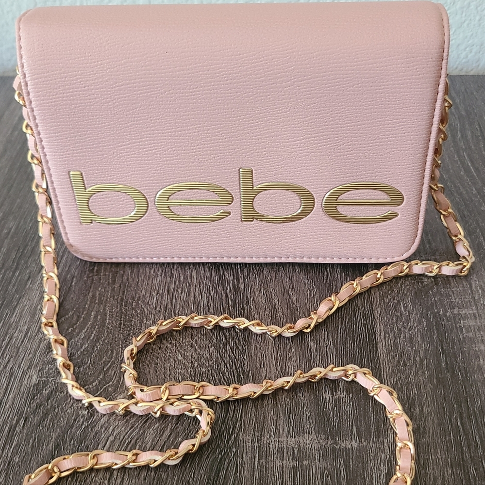 BEBE FABIOLA LOGO PURSE CHAIN STRAP BLUSH PINK